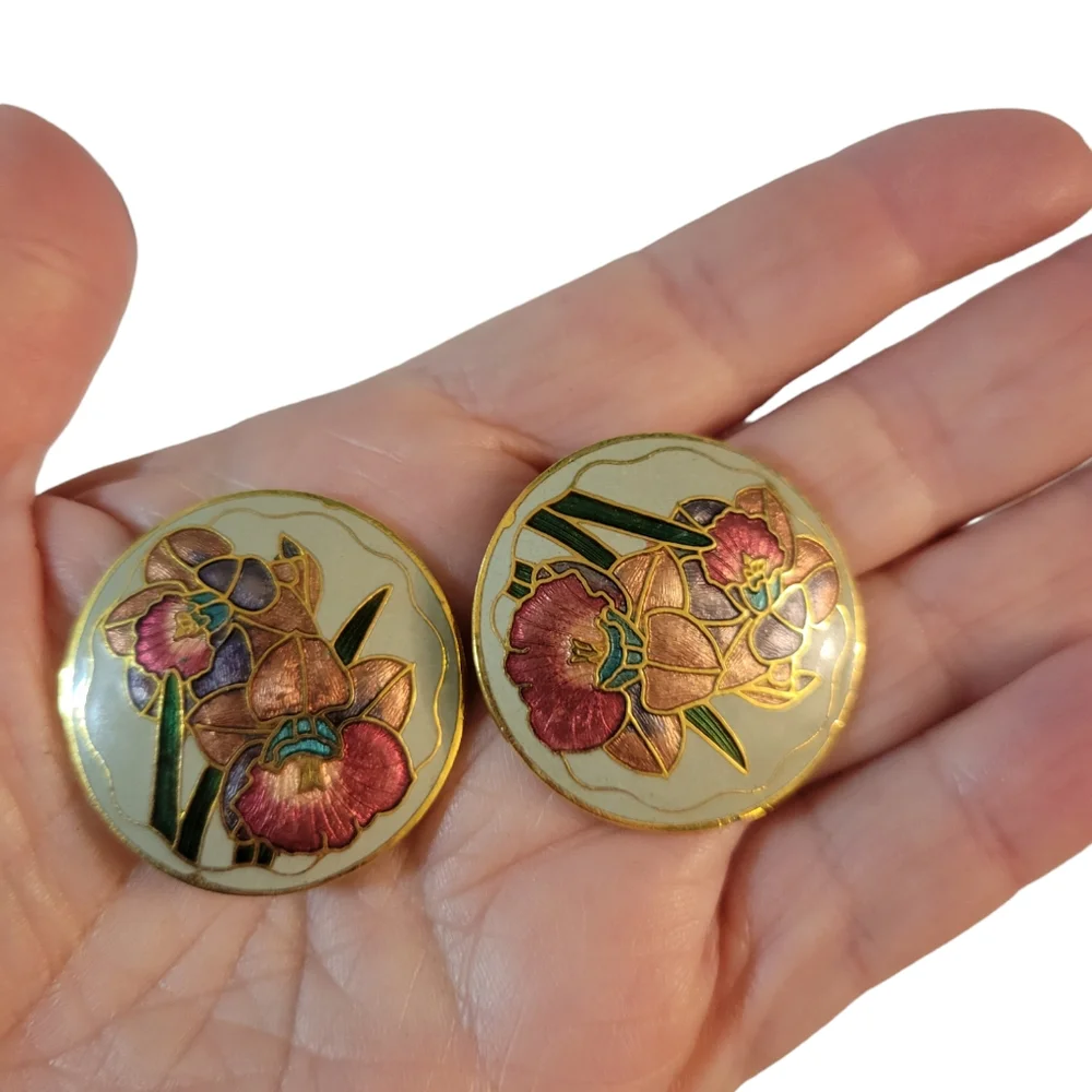 Vintage Cloisonne Enameled Orchid Earrings